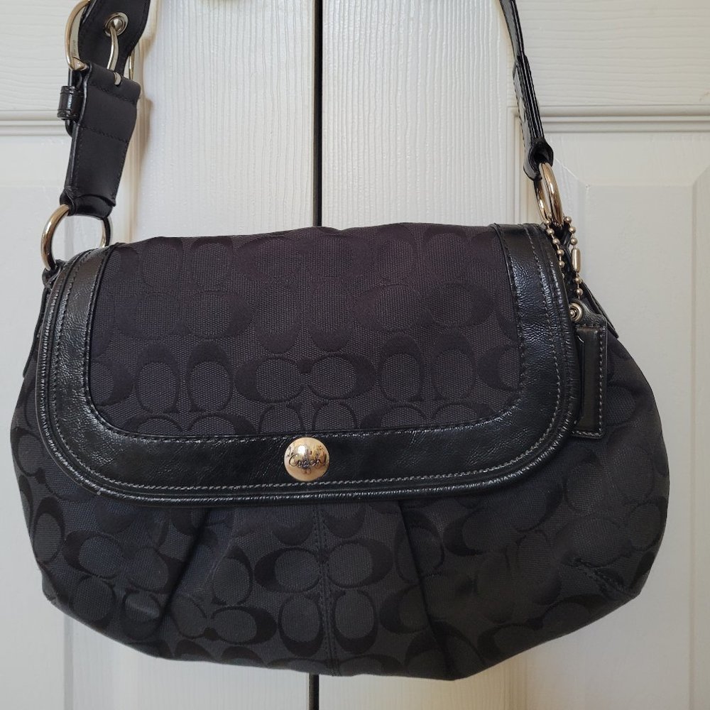COACH FABRIC AND LEATHER LOGO SHOULDER BAG BLACK
